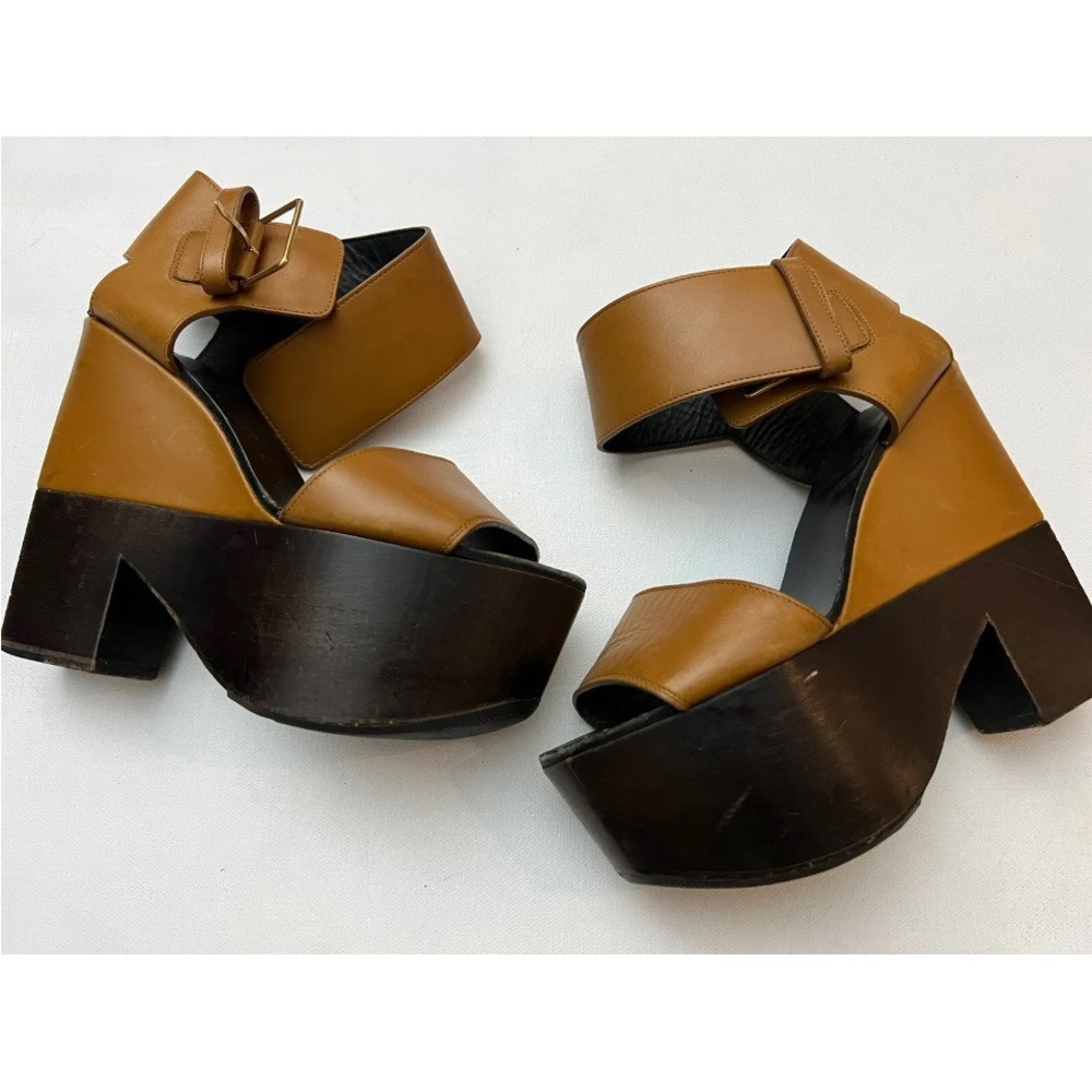 CELINE Strap Sandals Wood Brown High Heel Two tone Italy Shoes Platform Size 6